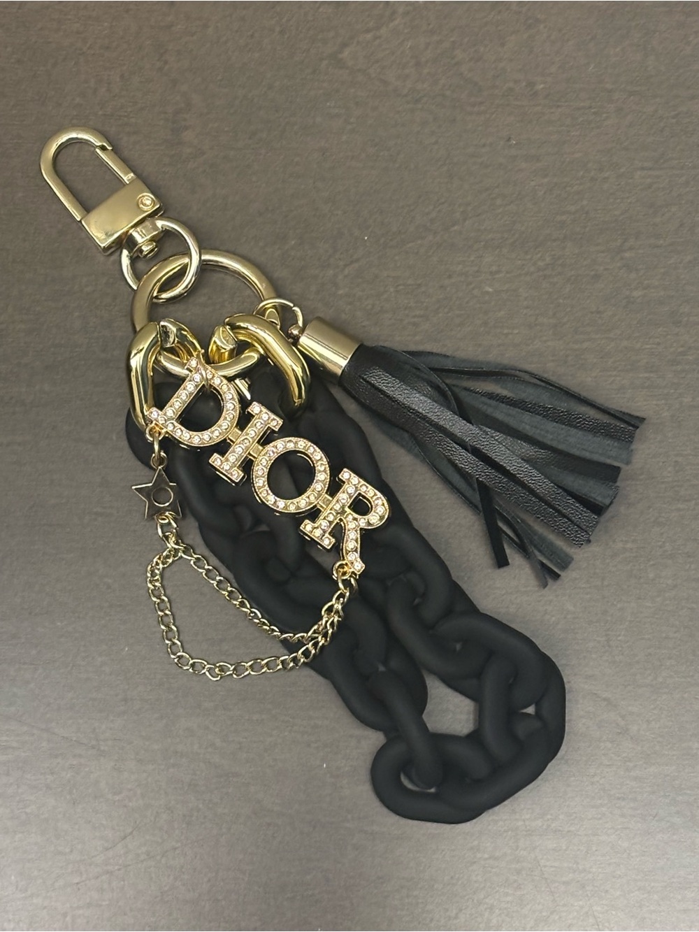 DIOR Logo Star Bag Charm, Black Chain and tassel. 6 inches